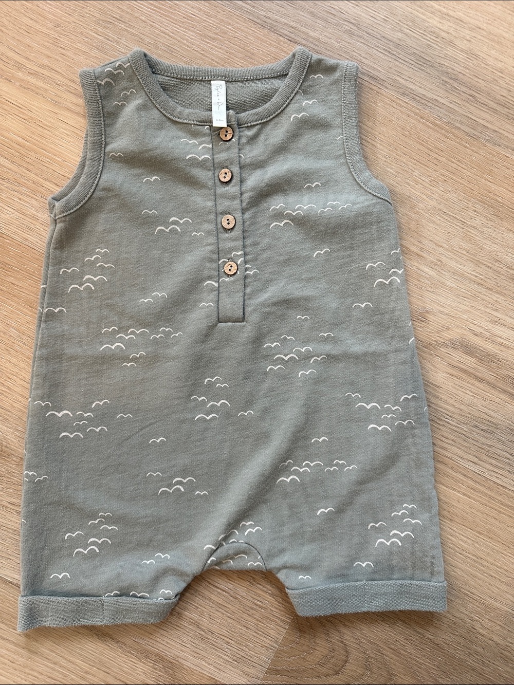 Rylee + Cru Olive Green Sleeveless Henley Romper with White Wave Print